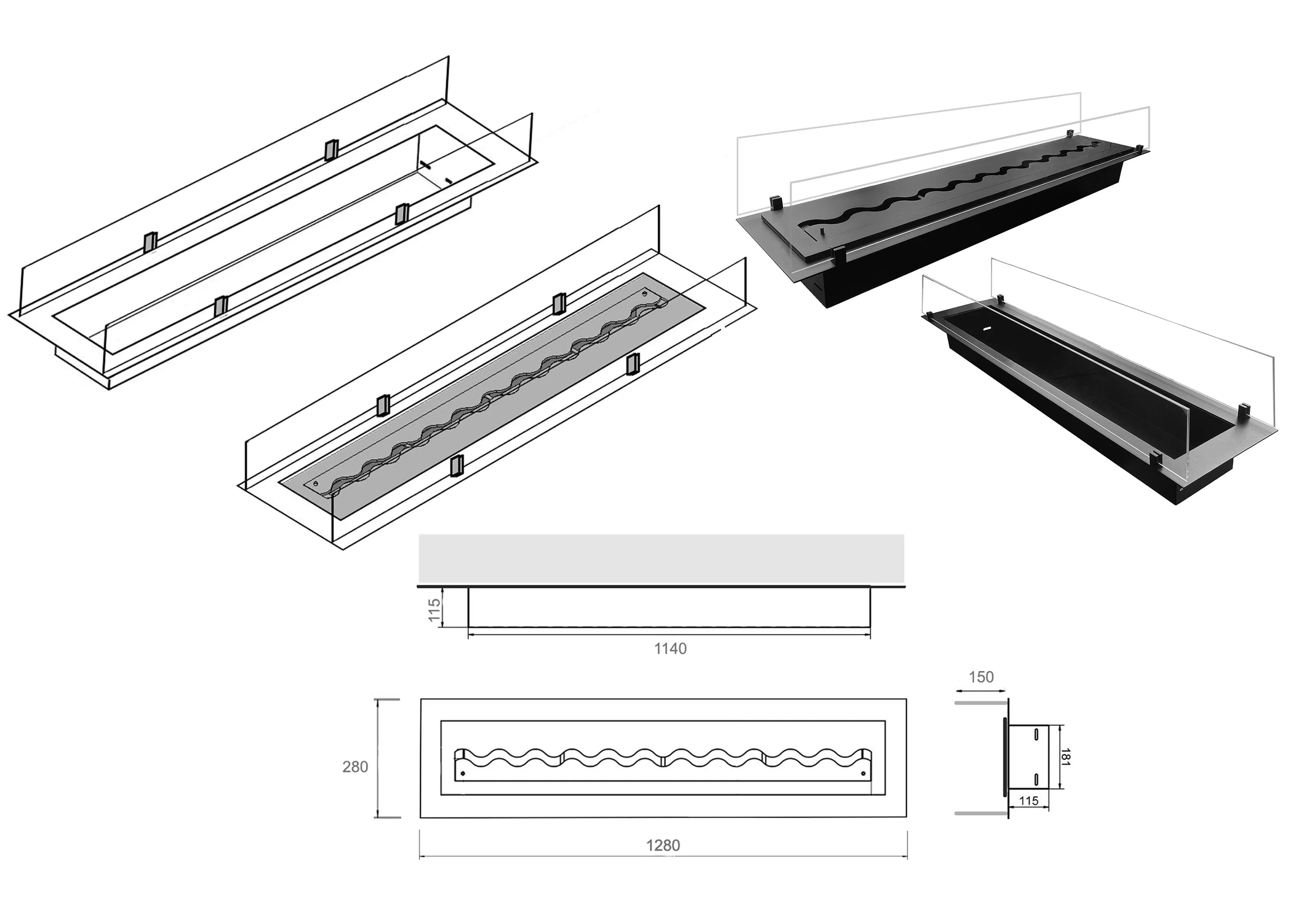 Insert Bio Ethanol Inbouwbrander 128 cm