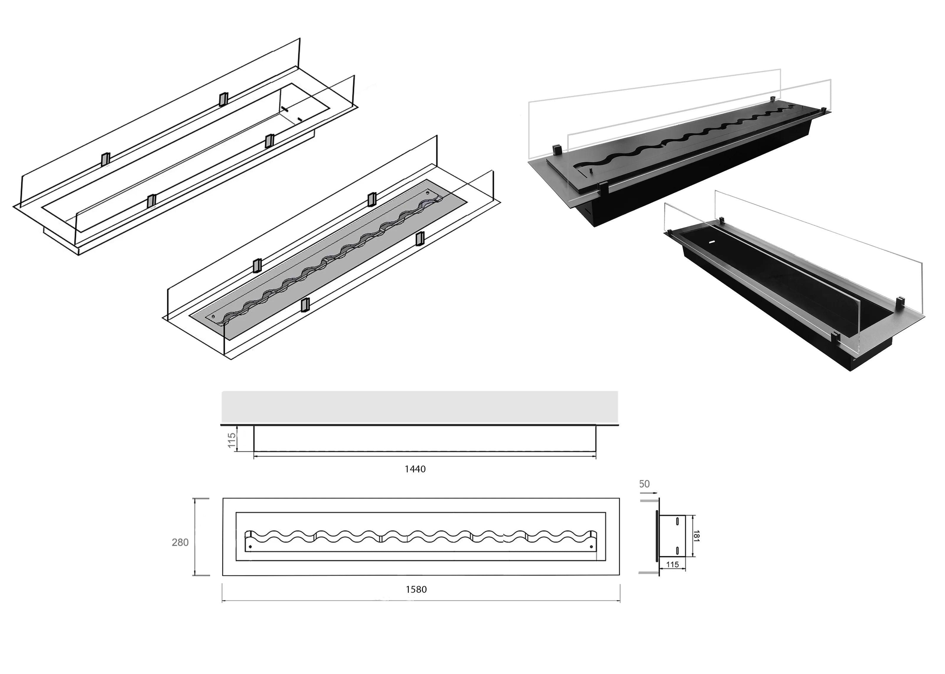 Insert Bio Ethanol Inbouwbrander 158 cm