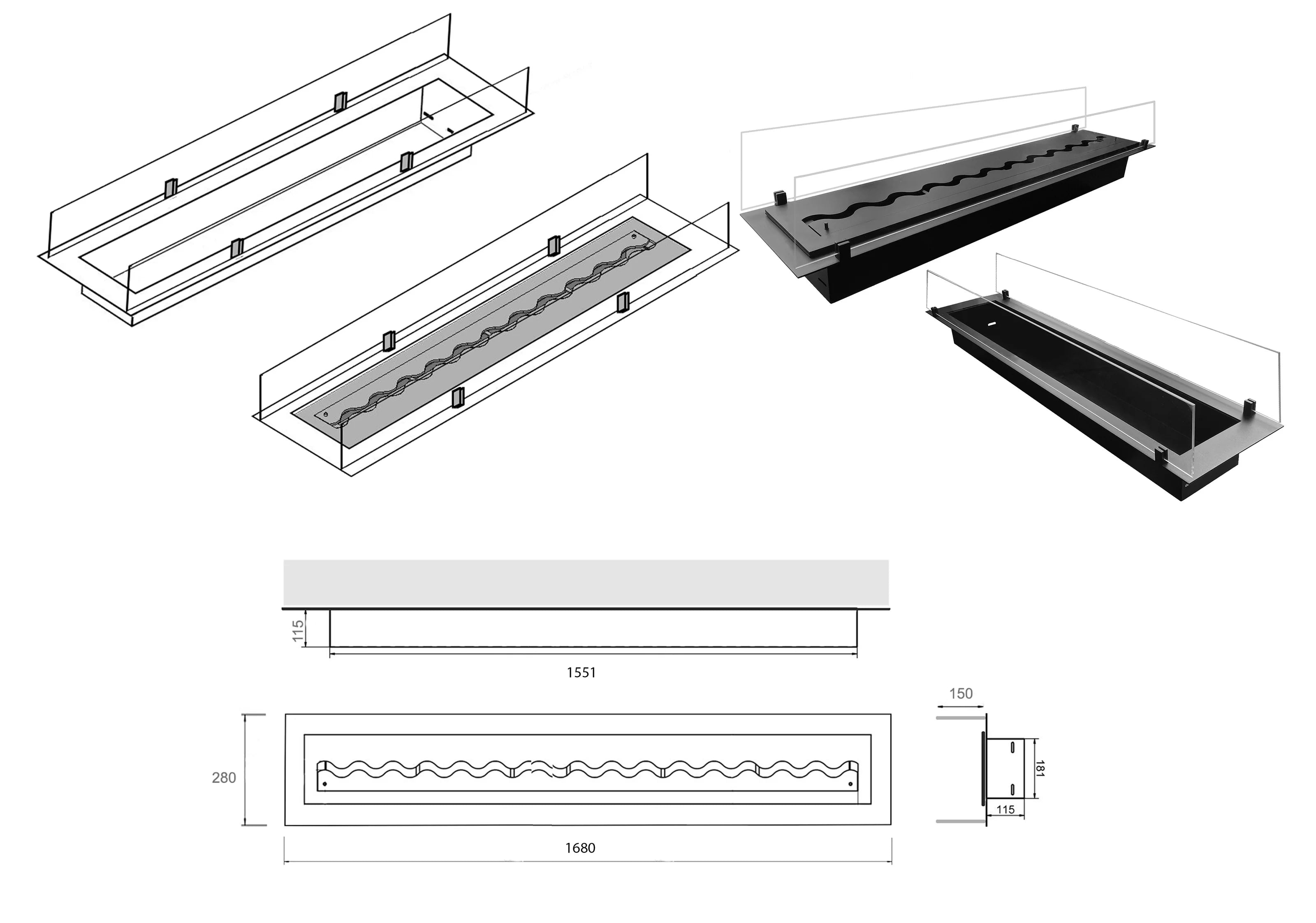 Insert Bio Ethanol Inbouwbrander 168 cm
