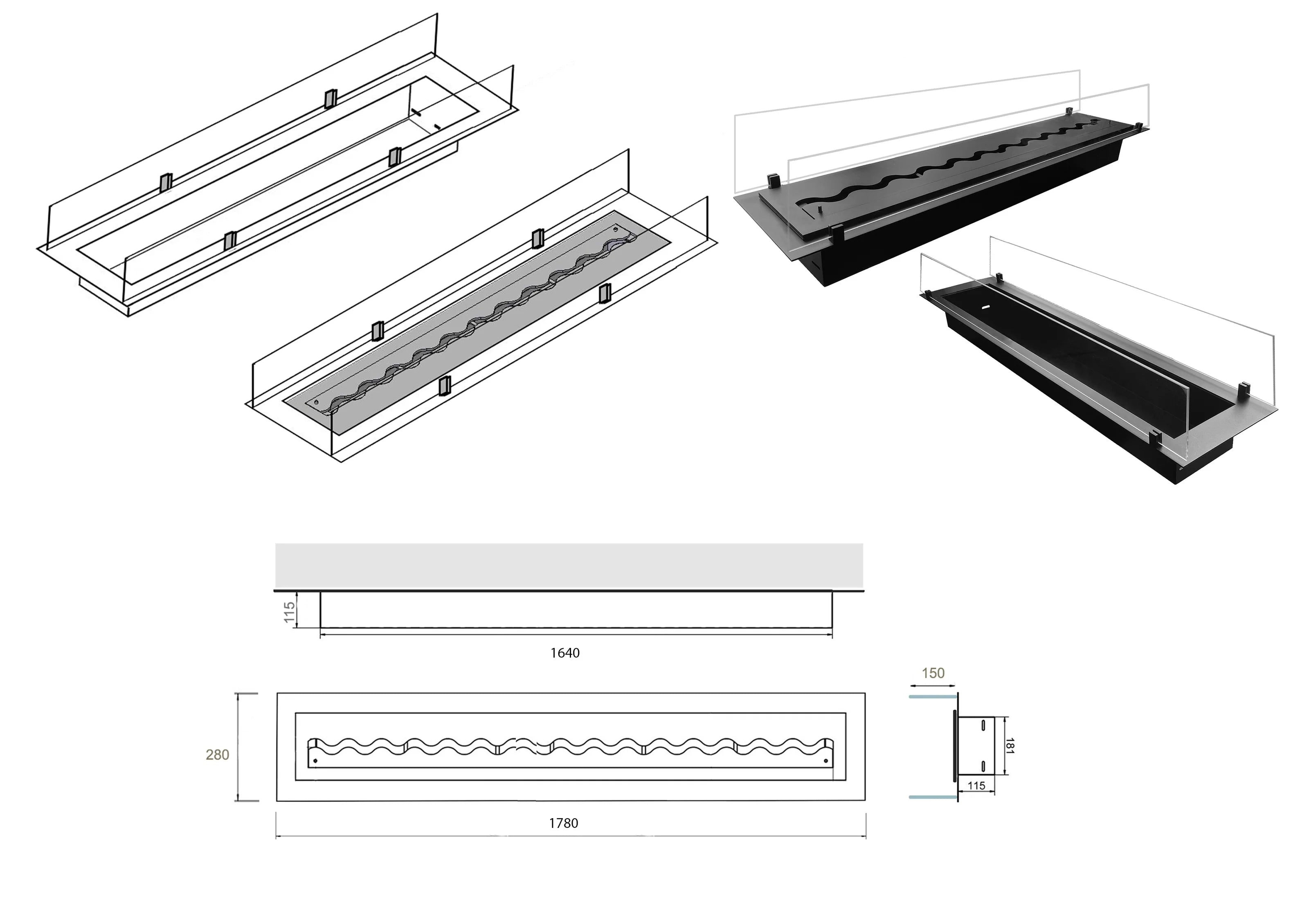 Insert Bio Ethanol Inbouwbrander 178 cm