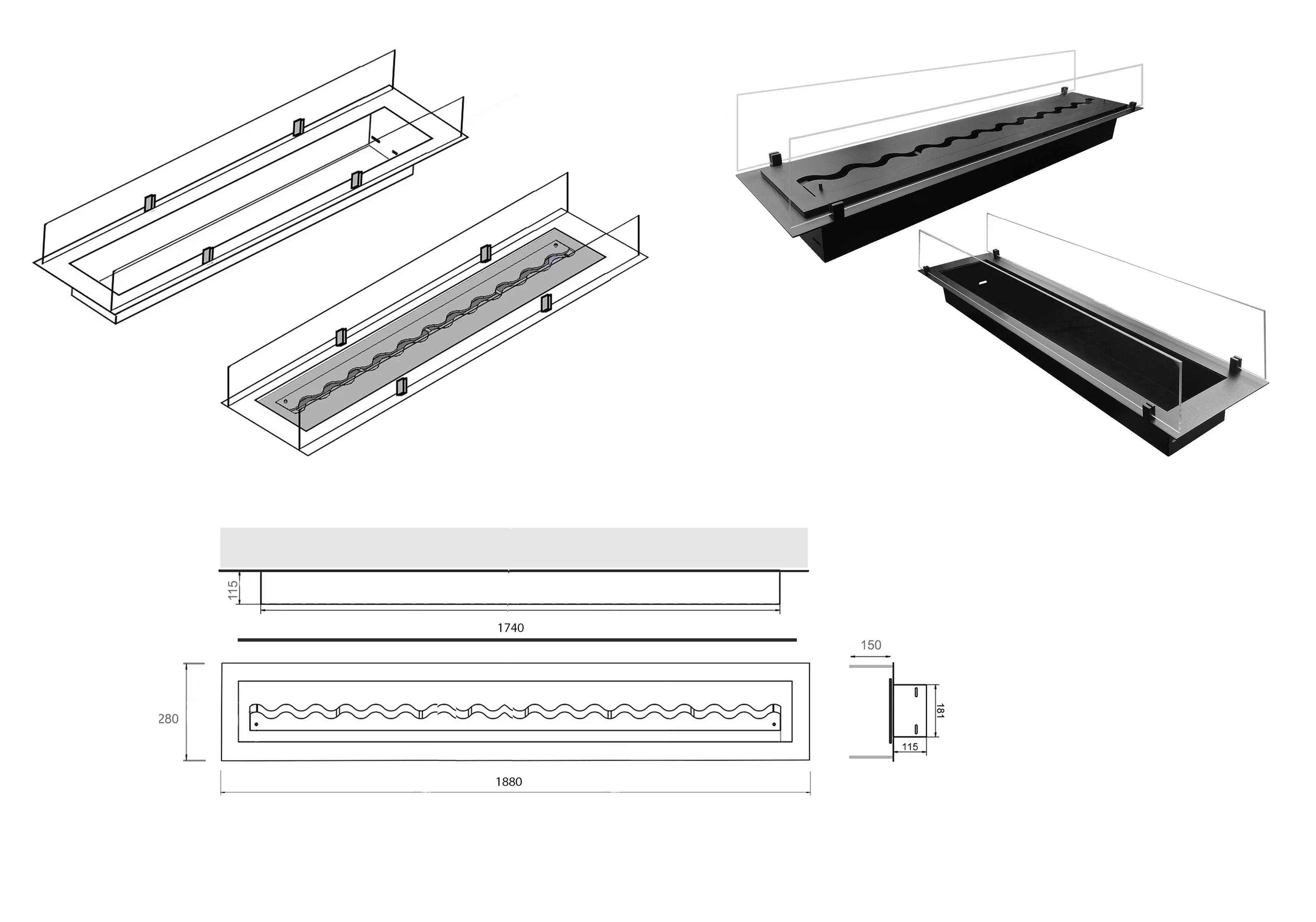 Insert Bio Ethanol Inbouwbrander 188 cm
