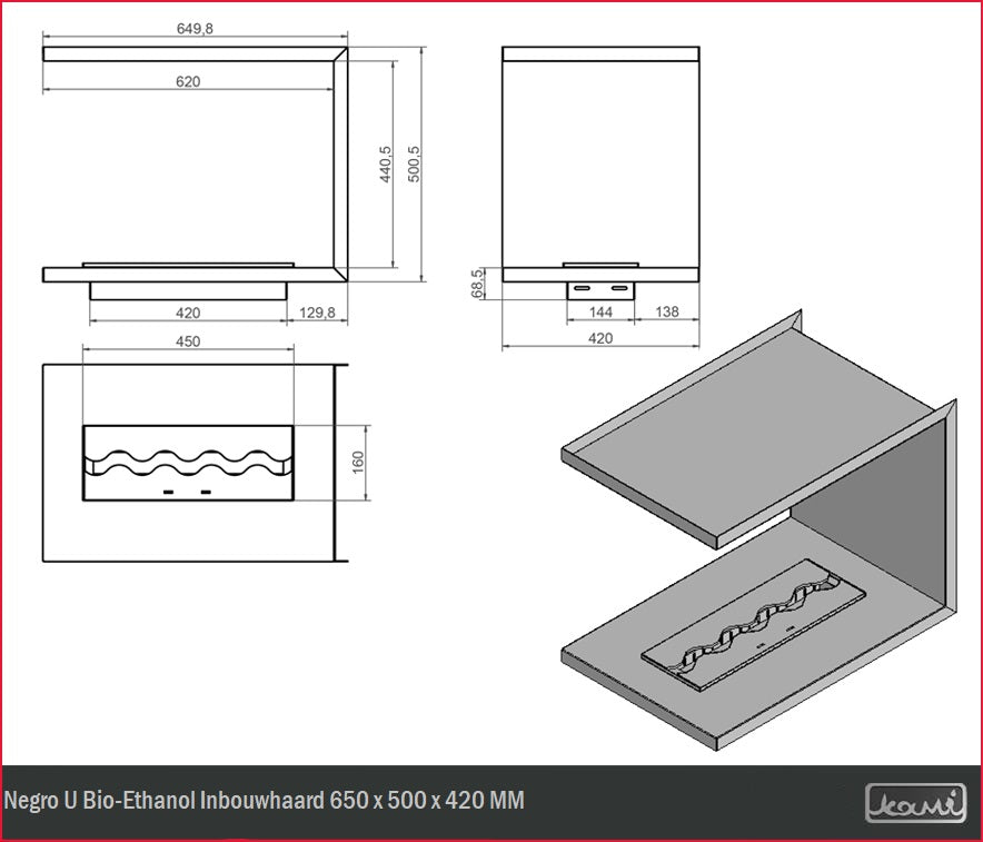 Negro U Bio-Ethanol Inbouwhaard 650 x 500 x 420 MM