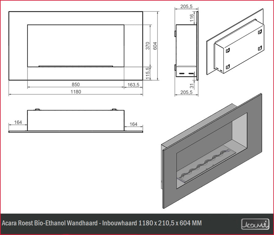 Acara Roest Bio-Ethanol Wandhaard - Inbouwhaard 118 CM