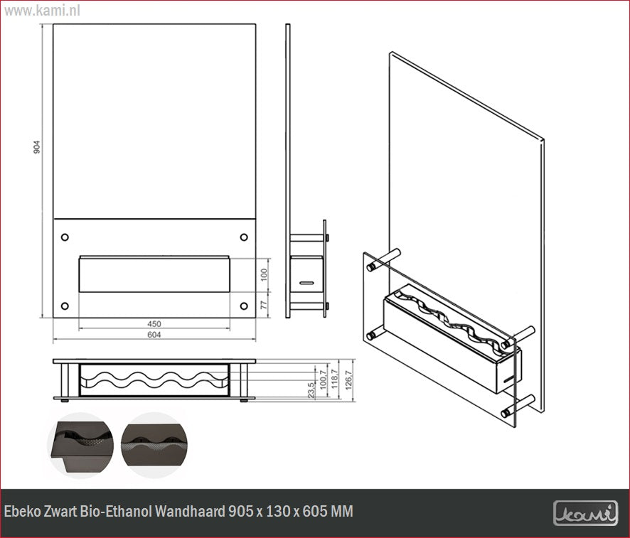 Ebeko Zwart Bio-Ethanol Wandhaard H95 CM
