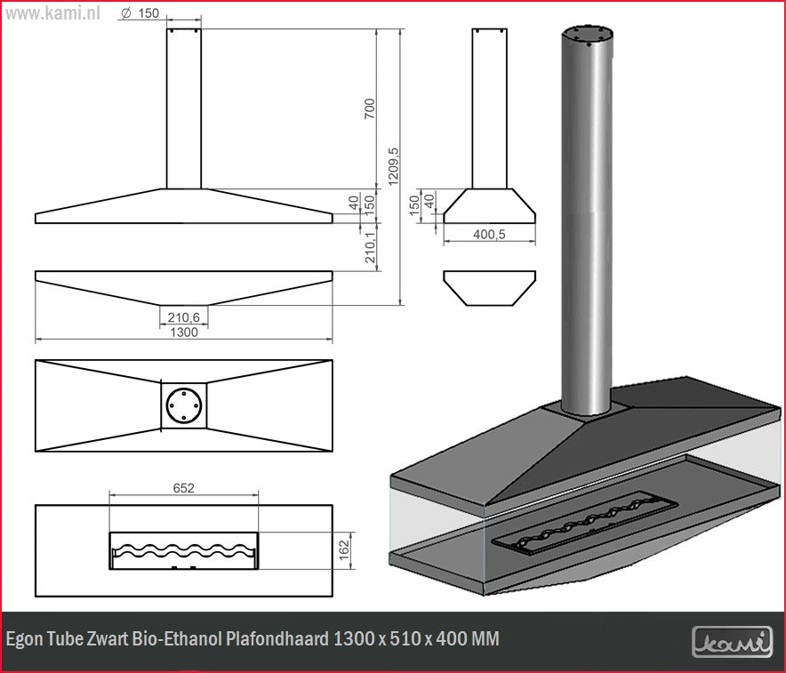 Egon Tube Zwart Bio-Ethanol Plafondhaard D130 CM