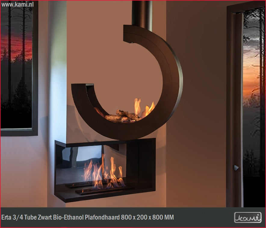 Erta 3/4 Tube Zwart Bio-Ethanol Plafondhaard 80 CM