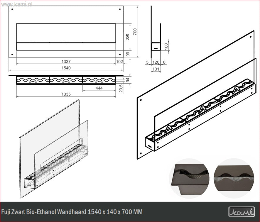 Fuji Zwart Bio-Ethanol Wandhaard 154 CM