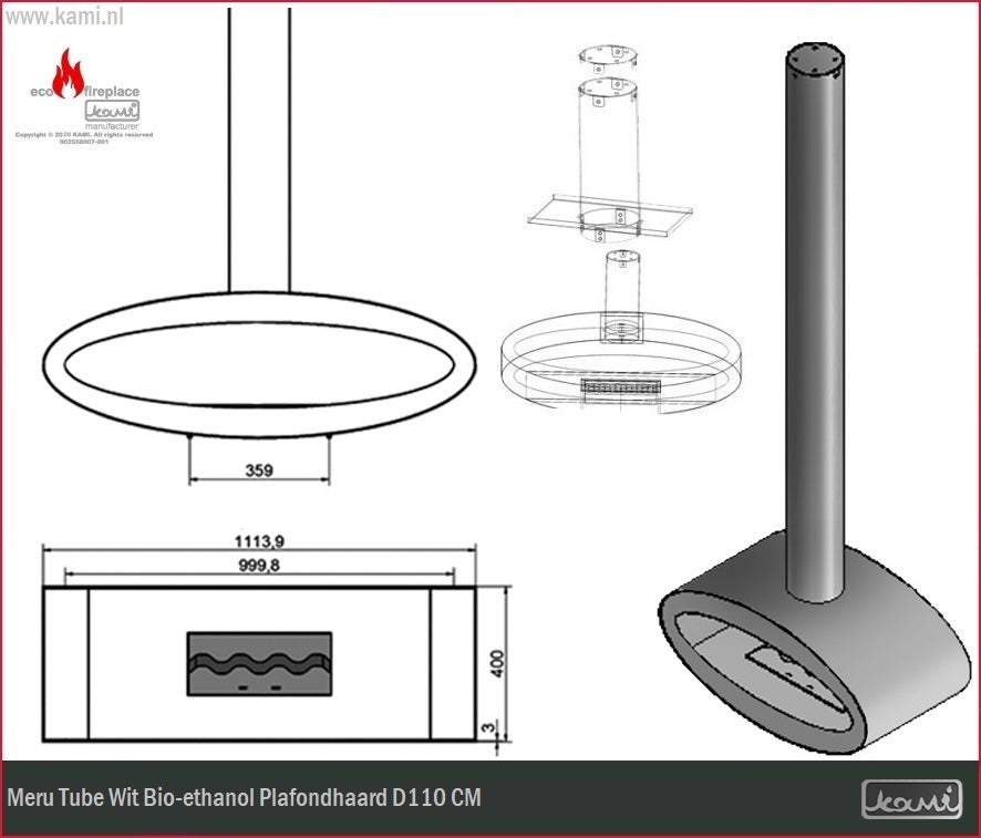 Meru Tube Wit Bio-ethanol Plafondhaard D110 CM