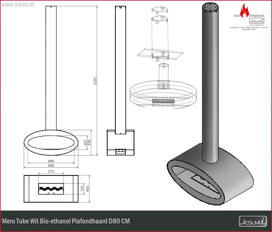 Meru Tube Wit Bio-ethanol Plafondhaard D80 CM