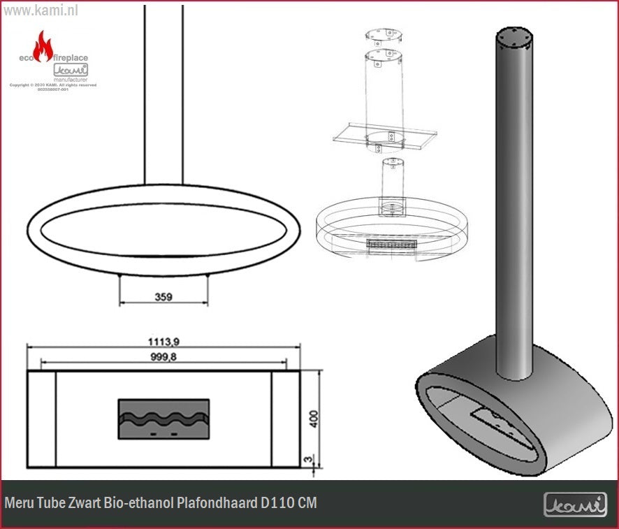 Meru Tube Zwart Bio-ethanol Plafondhaard D110 CM