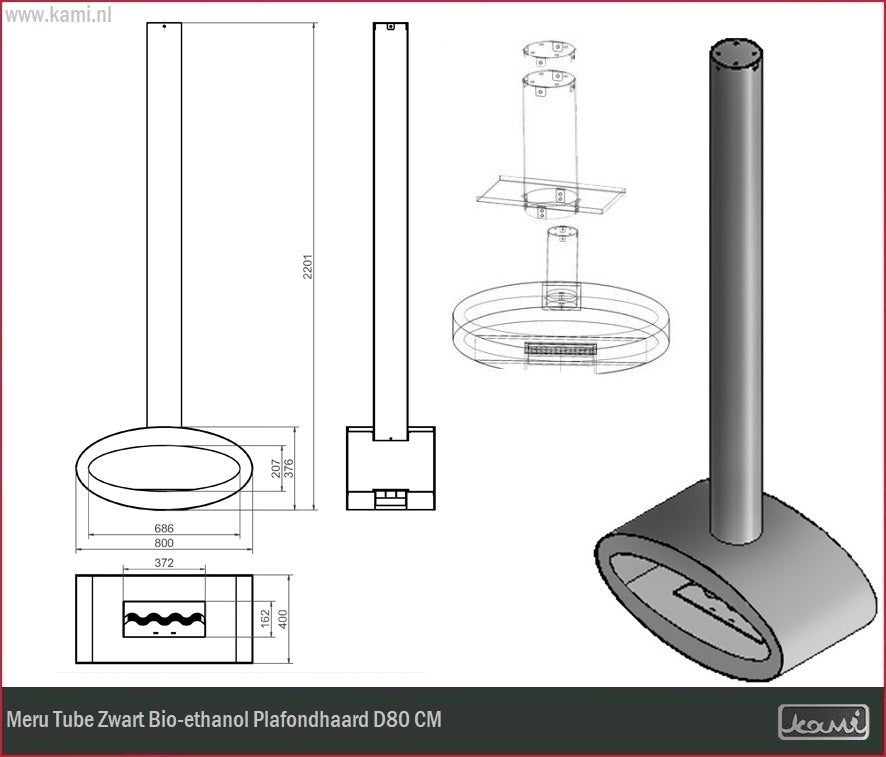 Meru Tube Zwart Bio-ethanol Plafondhaard D80 CM