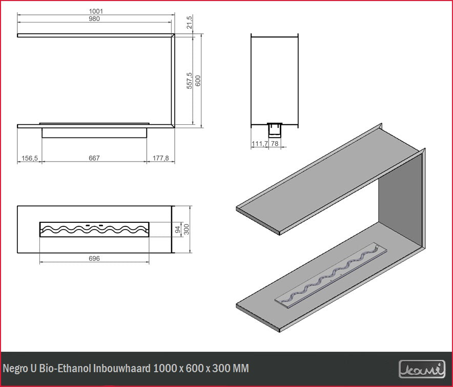 Negro U Bio-Ethanol Inbouwhaard 1000 x 600 x 300 MM