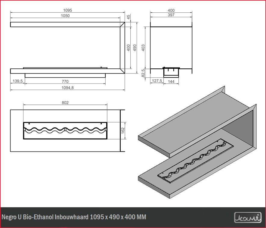 Negro U Bio-Ethanol Inbouwhaard 1095 x 490 x 400 MM