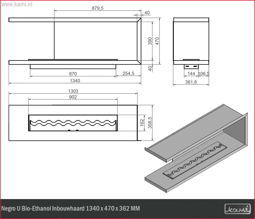 Negro U Bio-Ethanol Inbouwhaard 1340 x 470 x 362 MM