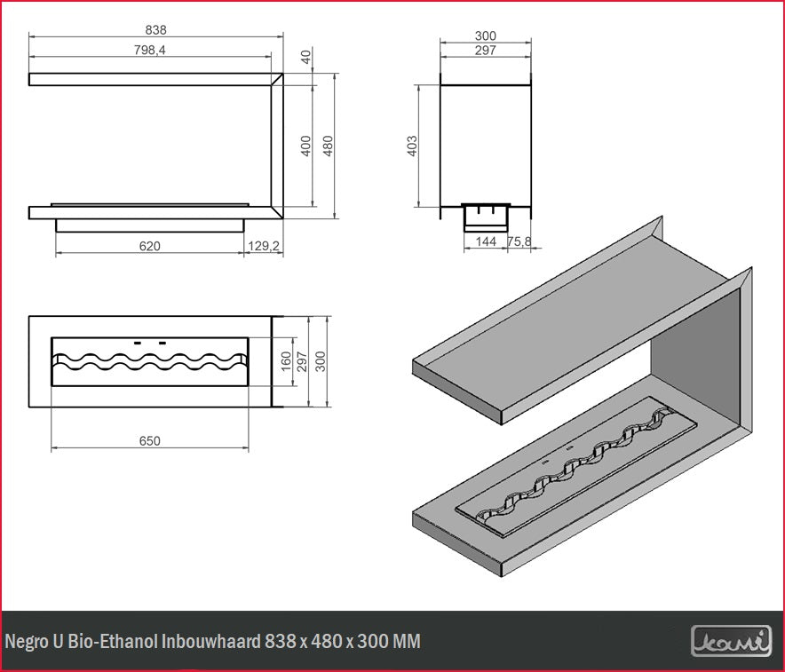 Negro U Bio-Ethanol Inbouwhaard 838 x 480 x 300 MM