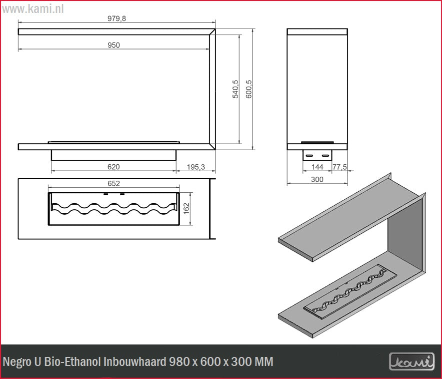 Negro U Bio-Ethanol Inbouwhaard 980 x 600 x 300 MM