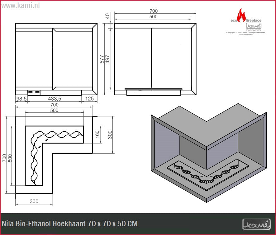 Nila Bio-Ethanol Hoekhaard 70 x 70 x 50 CM