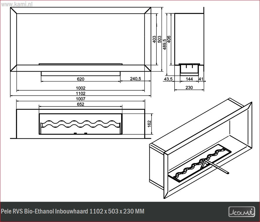 Pele RVS Bio-Ethanol Inbouwhaard 1102 x 503 x 230 MM