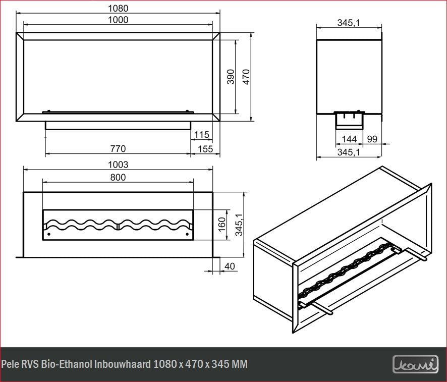 Pele RVS Bio-Ethanol Inbouwhaard 1080 x 470 x 345 MM