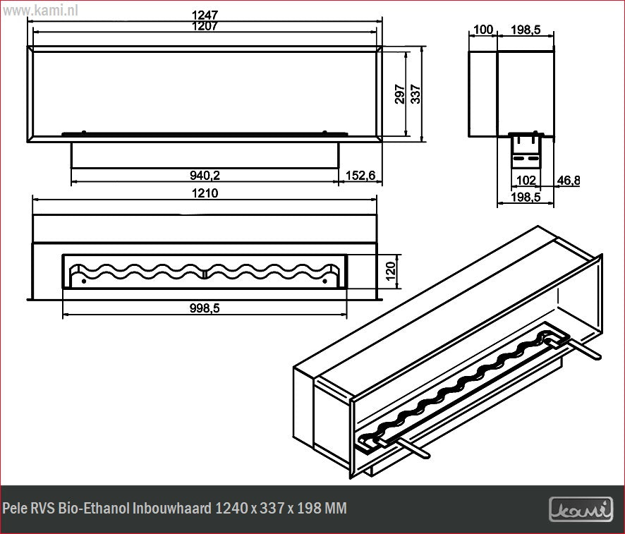 Pele RVS Bio-Ethanol Inbouwhaard 1240 x 337 x 198 MM