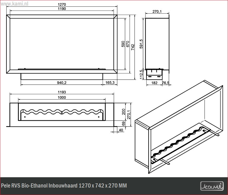 Pele RVS Bio-Ethanol Inbouwhaard 1270 x 742 x 270 MM