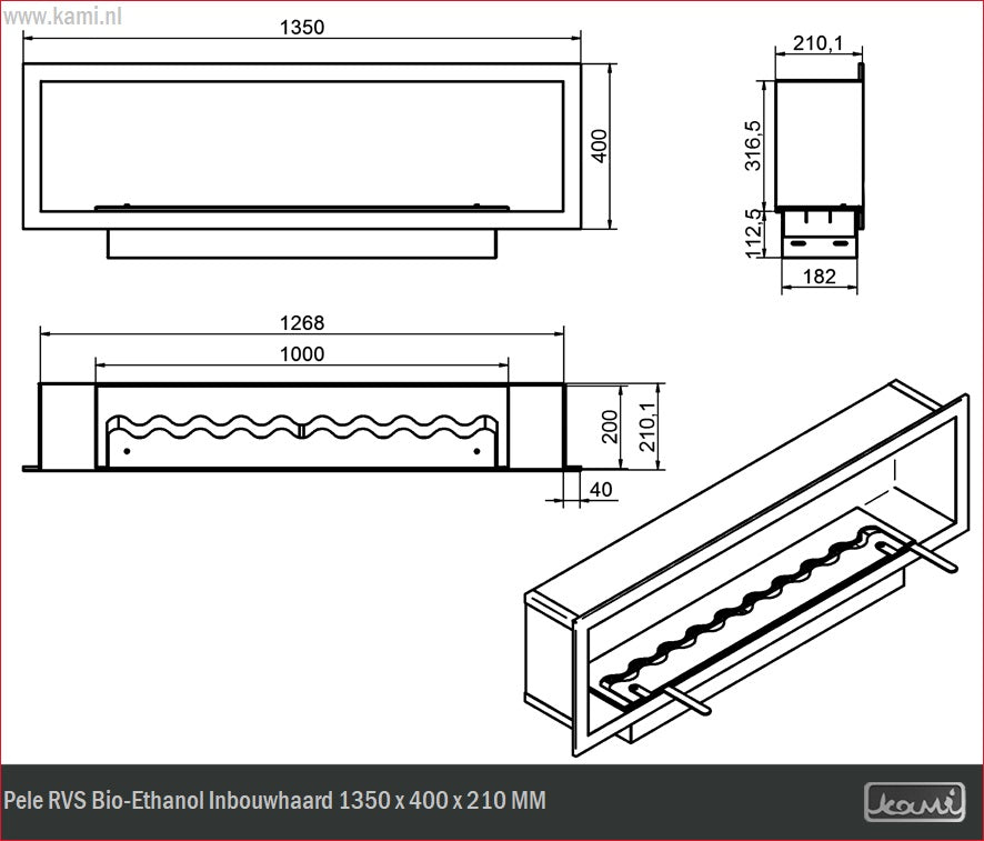 Pele RVS Bio-Ethanol Inbouwhaard 1350 x 400 x 210 MM