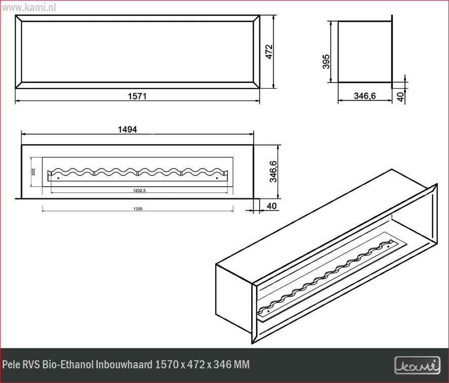 Pele RVS Bio-Ethanol Inbouwhaard 1570 x 472 x 346 MM