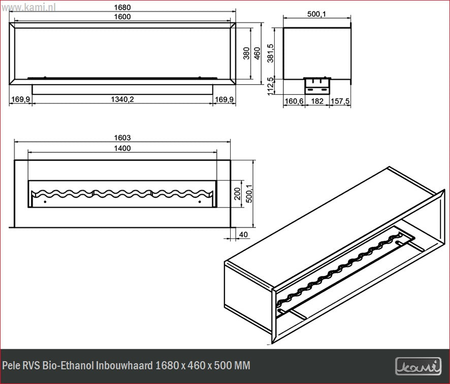 Pele RVS Bio-Ethanol Inbouwhaard 1680 x 460 x 500 MM