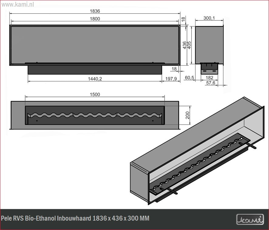Pele RVS Bio-Ethanol Inbouwhaard 1836 x 436 x 300 MM