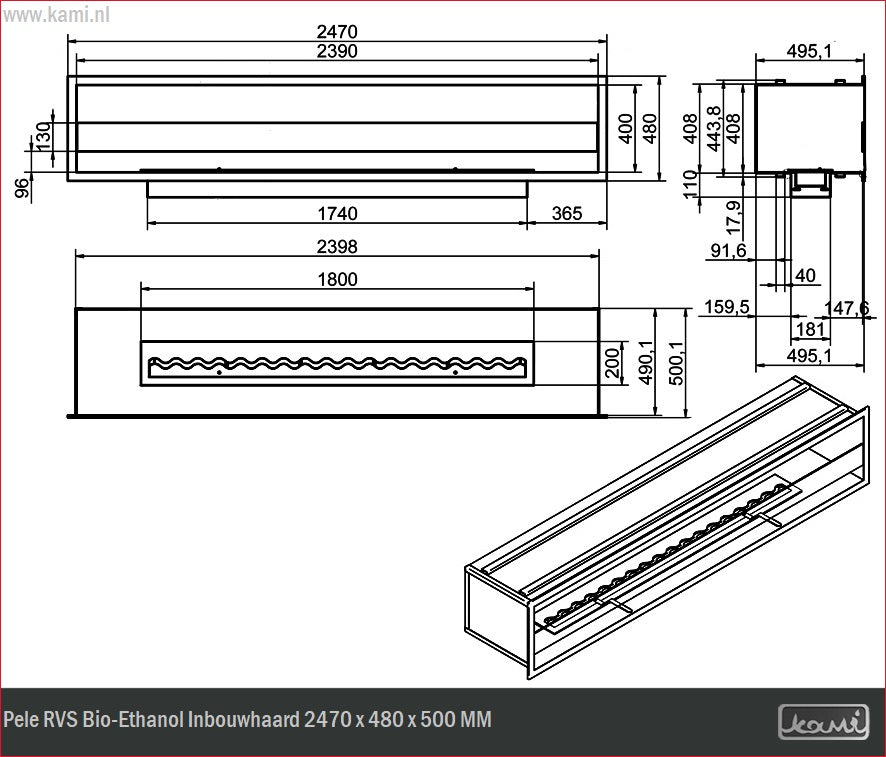 Pele RVS Bio-Ethanol Inbouwhaard 2470 x 480 x 500 MM