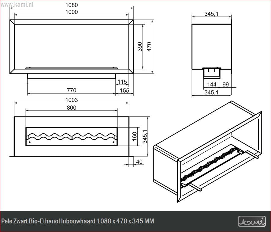 Pele Zwart Bio-Ethanol Inbouwhaard 1080 x 470 x 345 MM