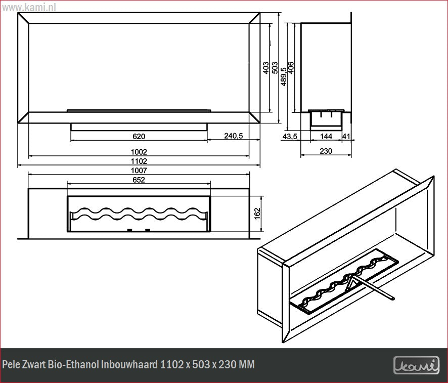 Pele Zwart Bio-Ethanol Inbouwhaard 1102 x 503 x 230 MM