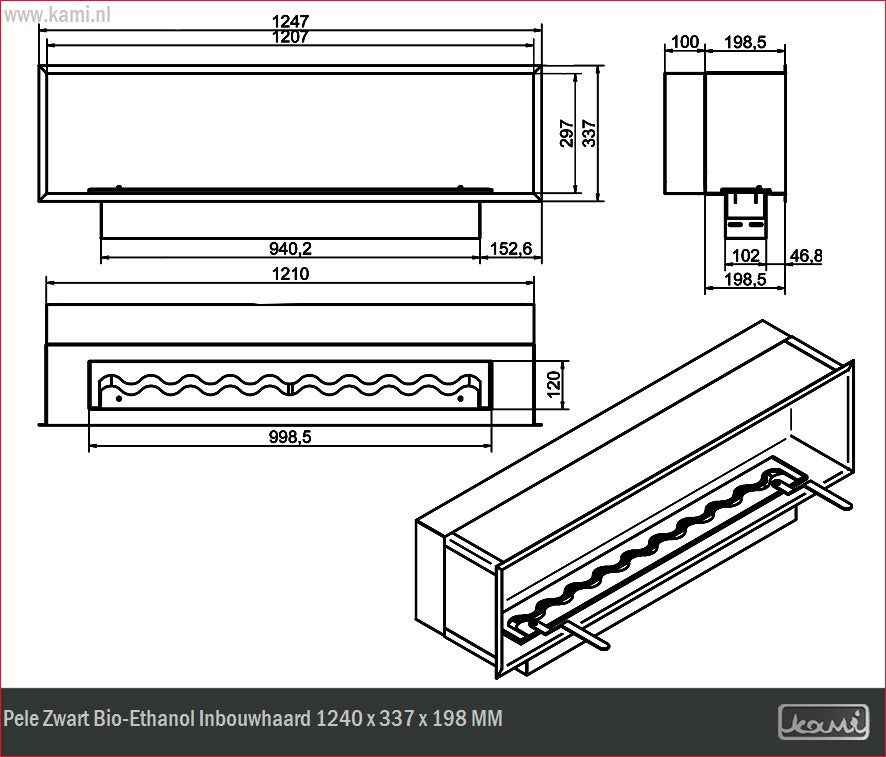 Pele Zwart Bio-Ethanol Inbouwhaard 1240 x 337 x 198 MM