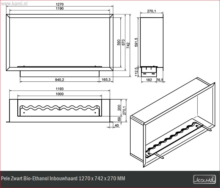 Pele Zwart Bio-Ethanol Inbouwhaard 1270 x 742 x 270 MM