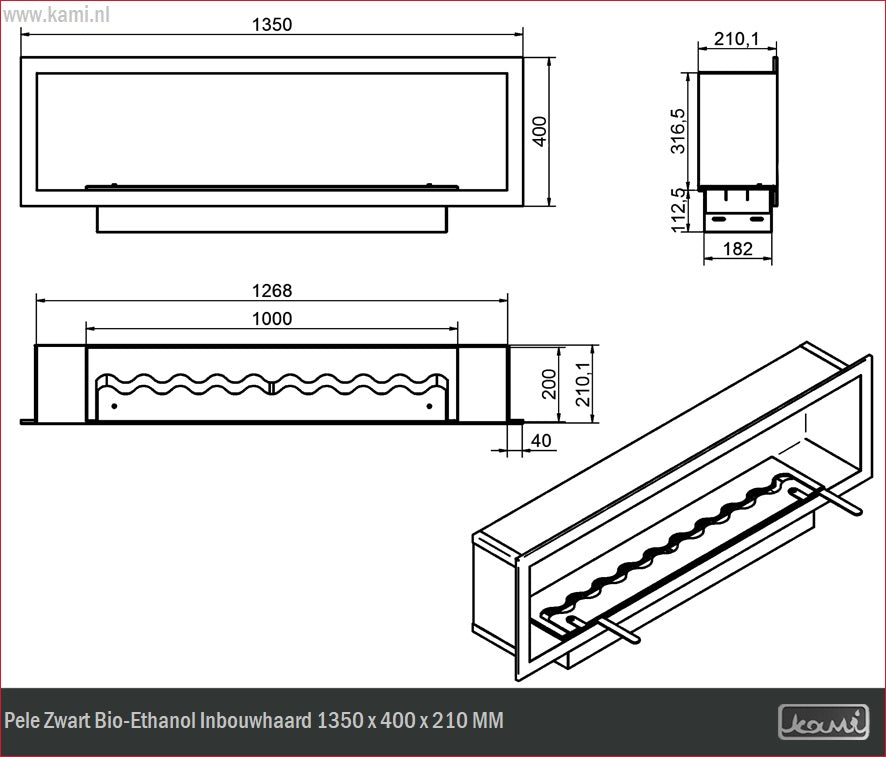 Pele Zwart Bio-Ethanol Inbouwhaard 1350 x 400 x 210 MM