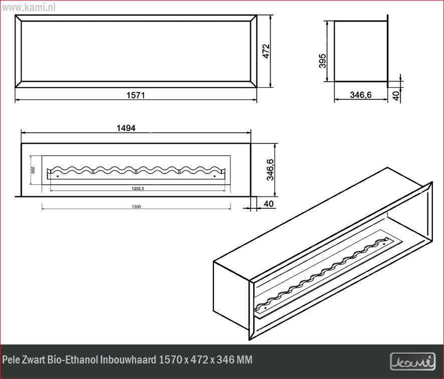 Pele Zwart Bio-Ethanol Inbouwhaard 1570 x 472 x 346 MM