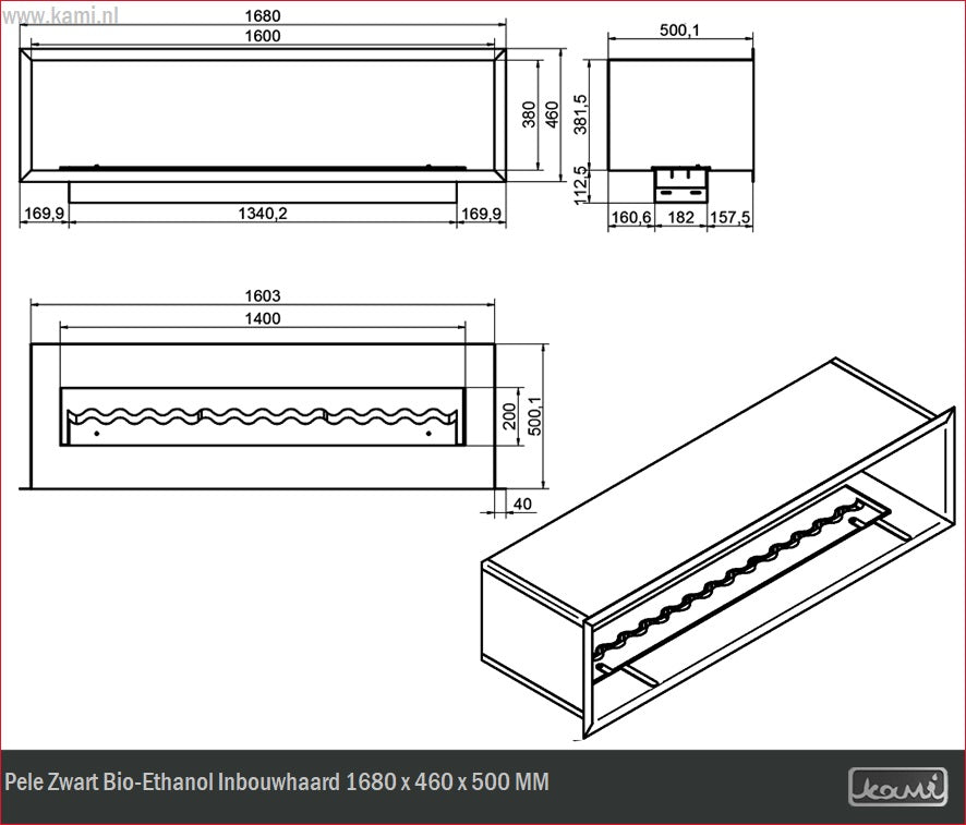Pele Zwart Bio-Ethanol Inbouwhaard 1680 x 460 x 500 MM