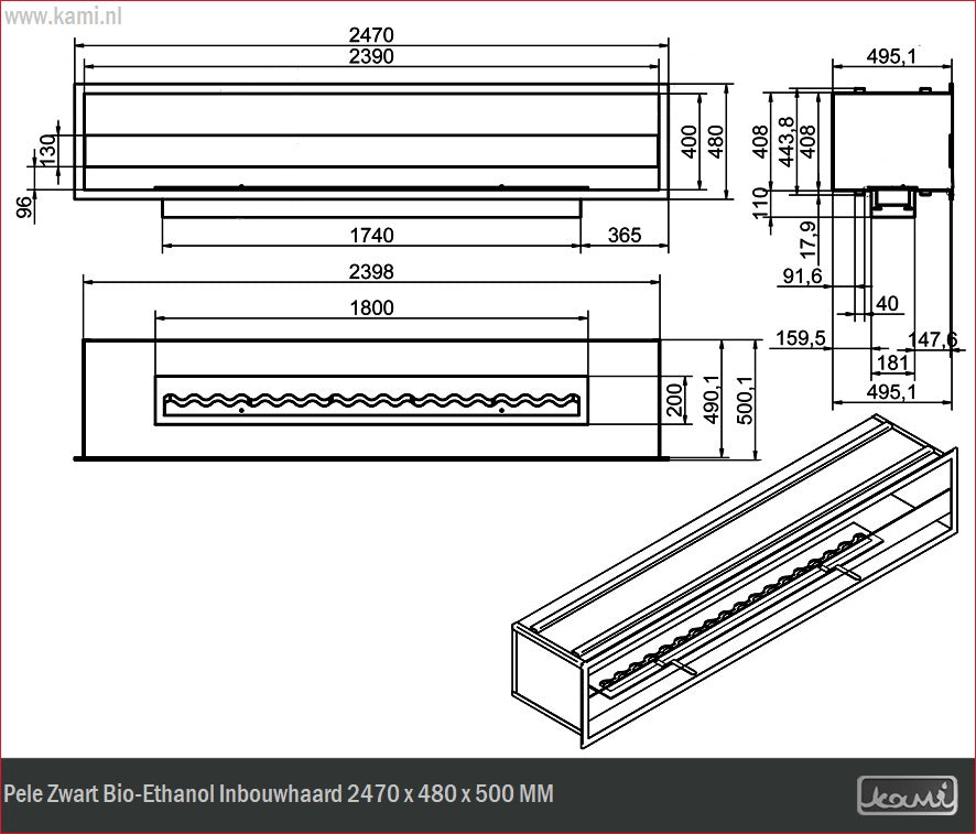 Pele Zwart Bio-Ethanol Inbouwhaard 2470 x 480 x 500 MM