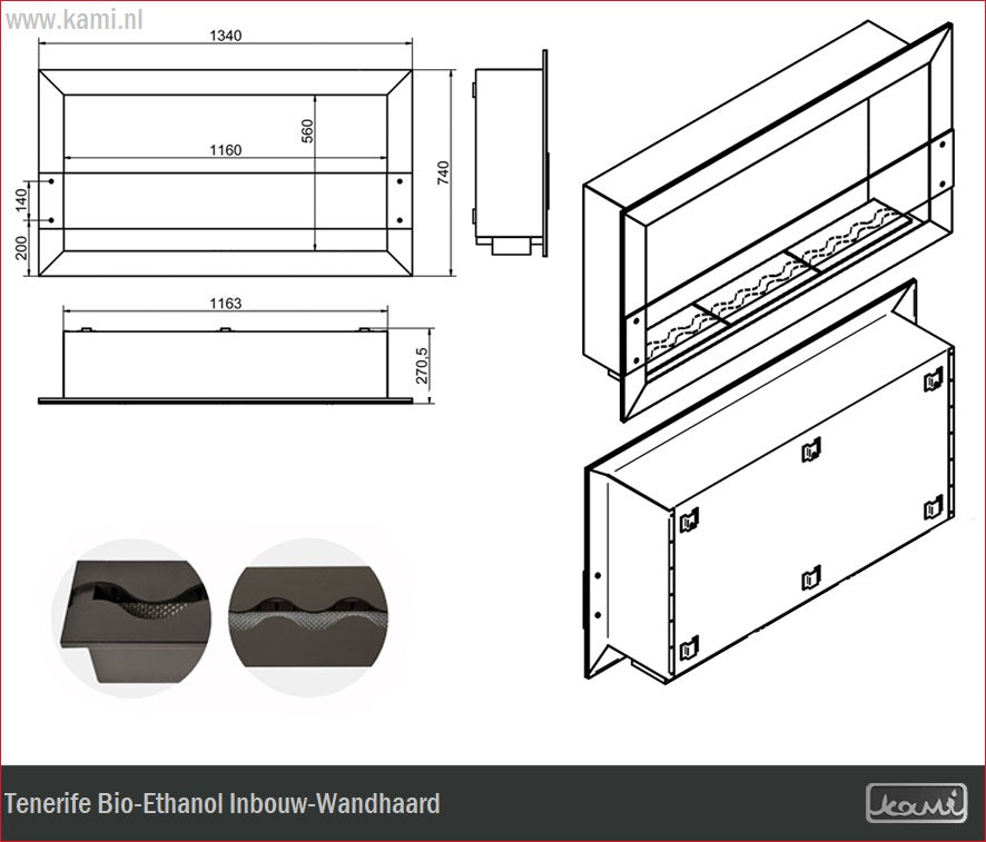 Tenerife Bio-Ethanol Inbouw-Wandhaard 134 CM