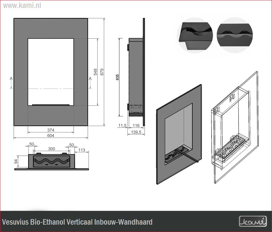 Vesuvius Bio-Ethanol Verticaal Inbouw-Wandhaard H88 CM