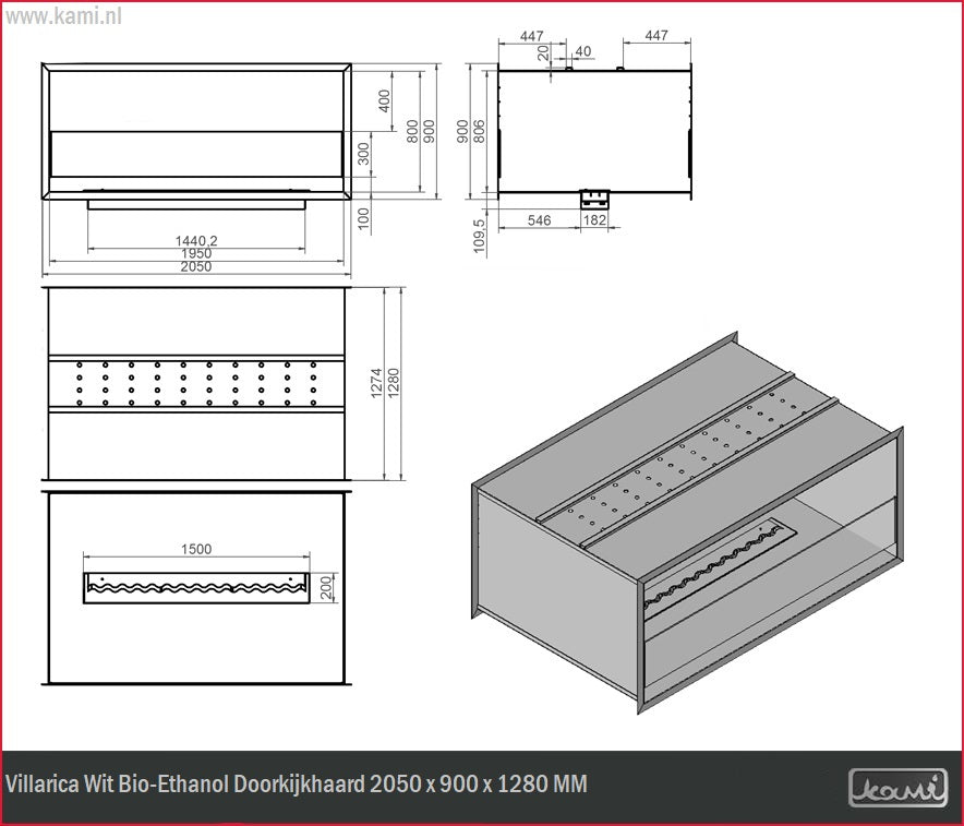 Villarica Wit Bio-Ethanol Doorkijkhaard 2050 x 900 x 1280 MM