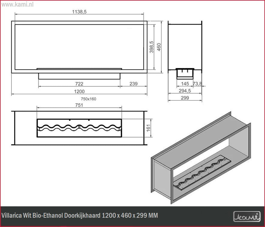 Villarica Wit Bio-Ethanol Doorkijkhaard 1200 x 460 x 299 MM