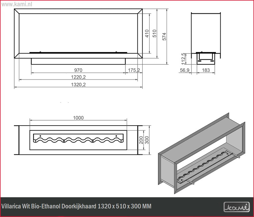 Villarica Wit Bio-Ethanol Doorkijkhaard 1320 x 510 x 300 MM