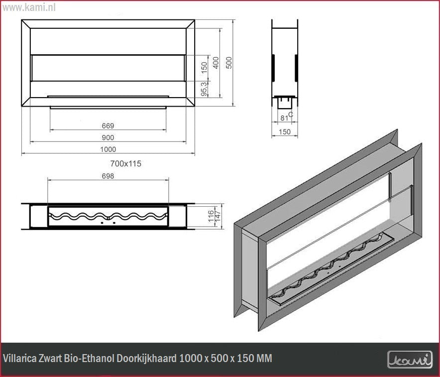 Villarica Zwart Bio-Ethanol Doorkijkhaard 1000 x 500 x 150 MM