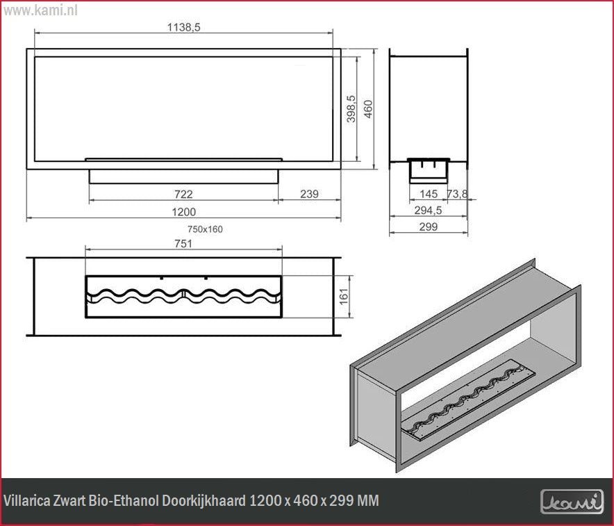 Villarica Zwart Bio-Ethanol Doorkijkhaard 1200 x 460 x 299 MM