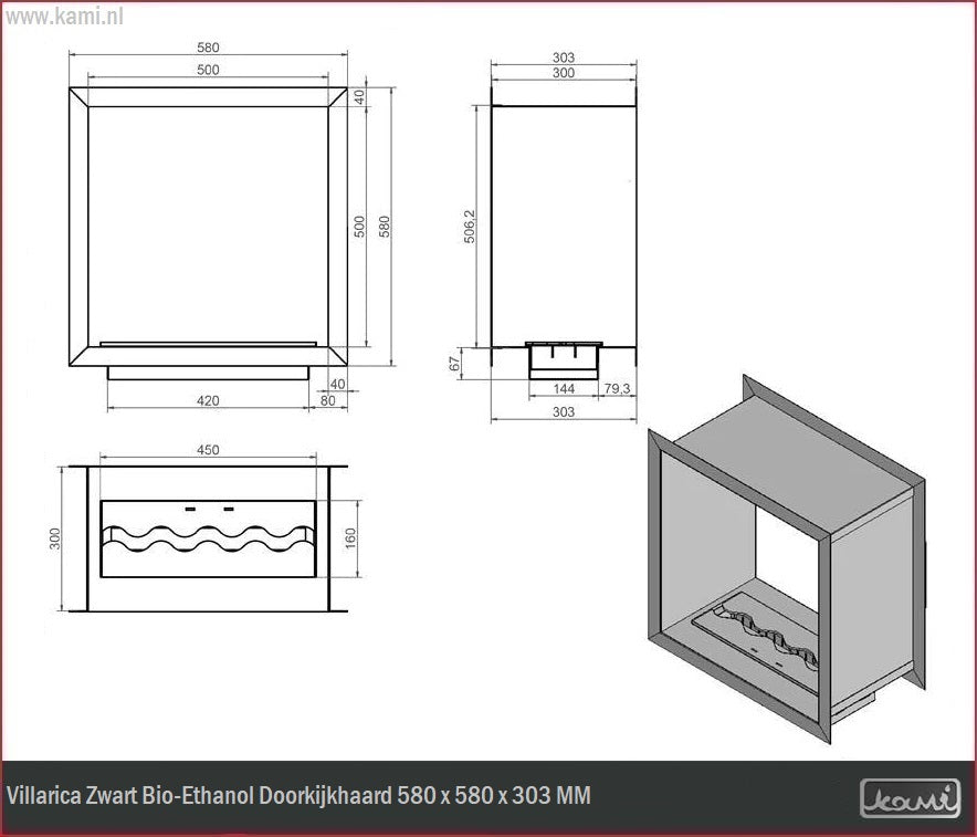 Villarica Zwart Bio-Ethanol Doorkijkhaard 580 x 580 x 303 MM