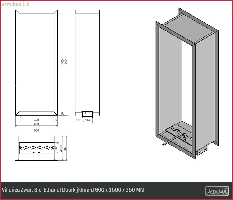 Villarica Zwart Bio-Ethanol Doorkijkhaard 600 x 1500 x 350 MM