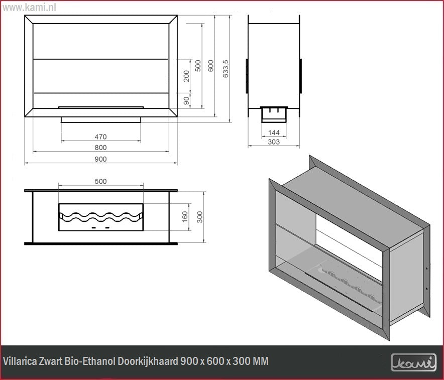 Villarica Zwart Bio-Ethanol Doorkijkhaard 900 x 600 x 300 MM