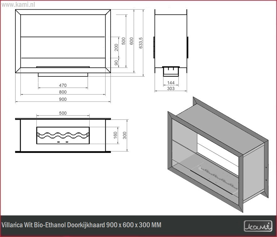 Villarica Wit Bio-Ethanol Doorkijkhaard 900 x 600 x 300 MM