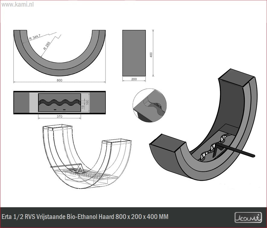 Erta 1/2 RVS Bio-Ethanol Vrijstaand Haard 80 CM